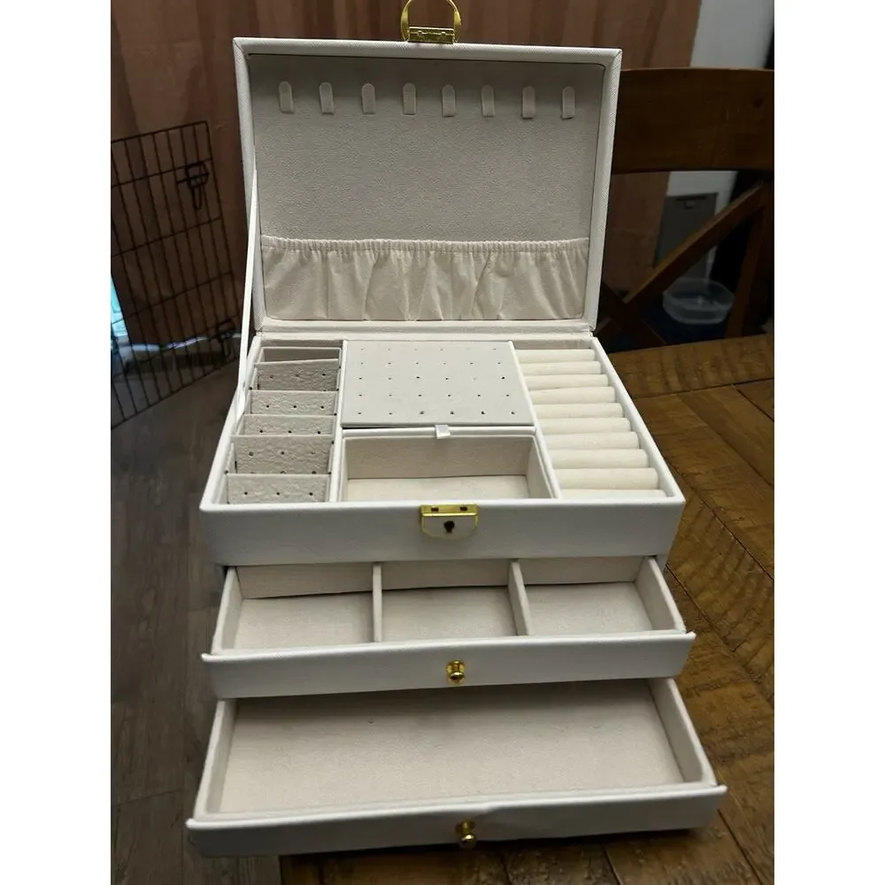 White Faux Leather Jewelry Box Organizer, Lockable 2-Drawer Velvet Lined